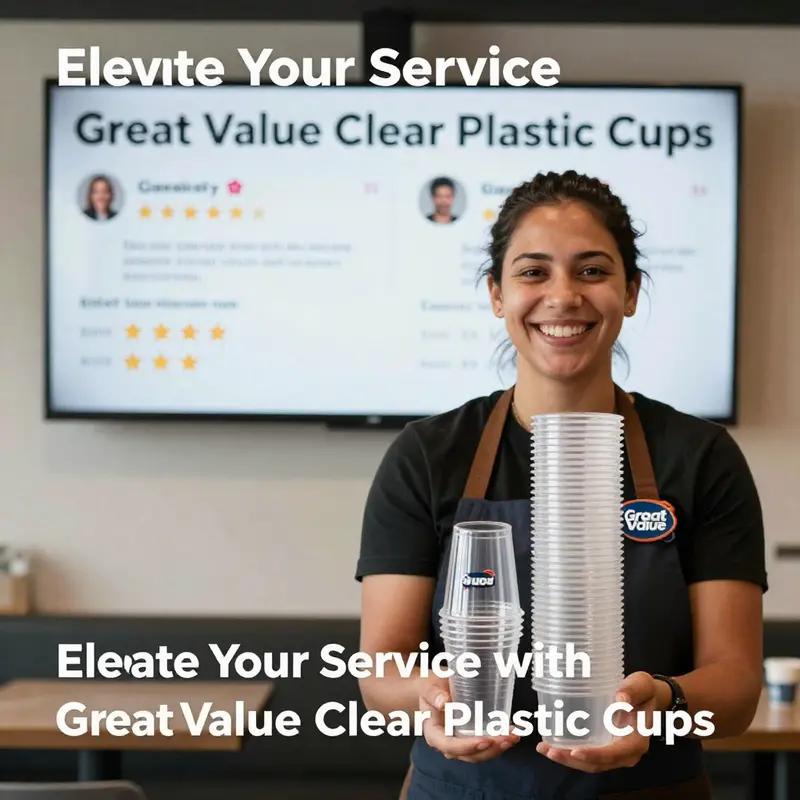 Overview of Great Value Clear Plastic Cups showcasing sizes and pack quantities.