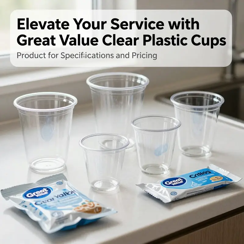 Overview of Great Value Clear Plastic Cups showcasing sizes and pack quantities.