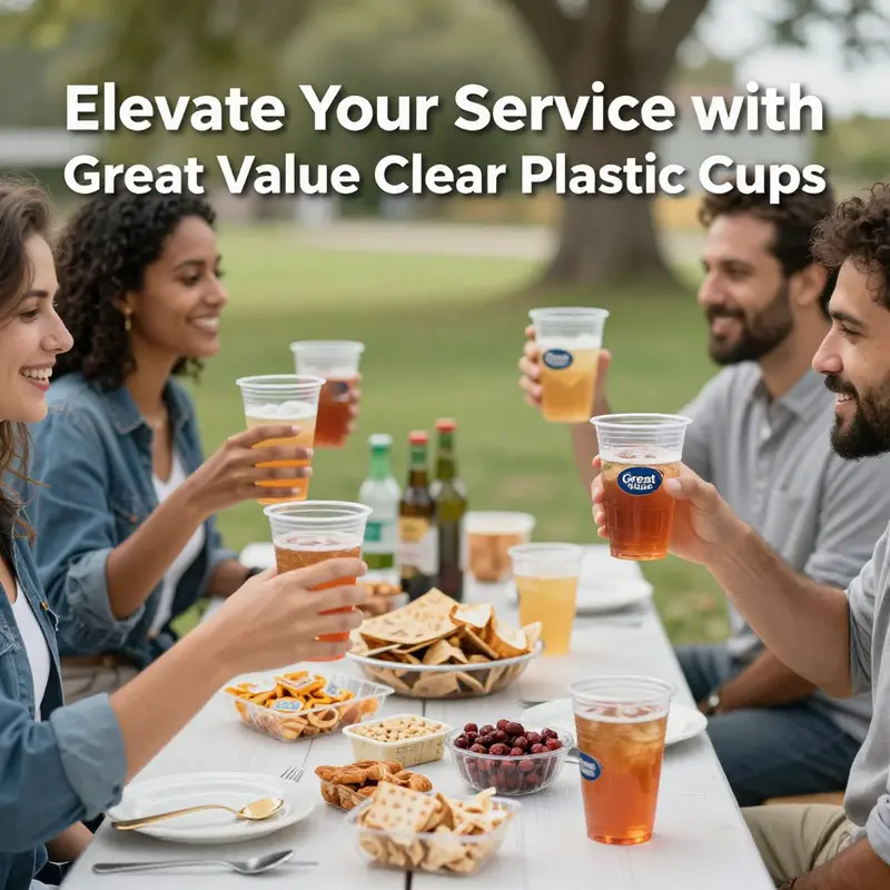 Overview of Great Value Clear Plastic Cups showcasing sizes and pack quantities.
