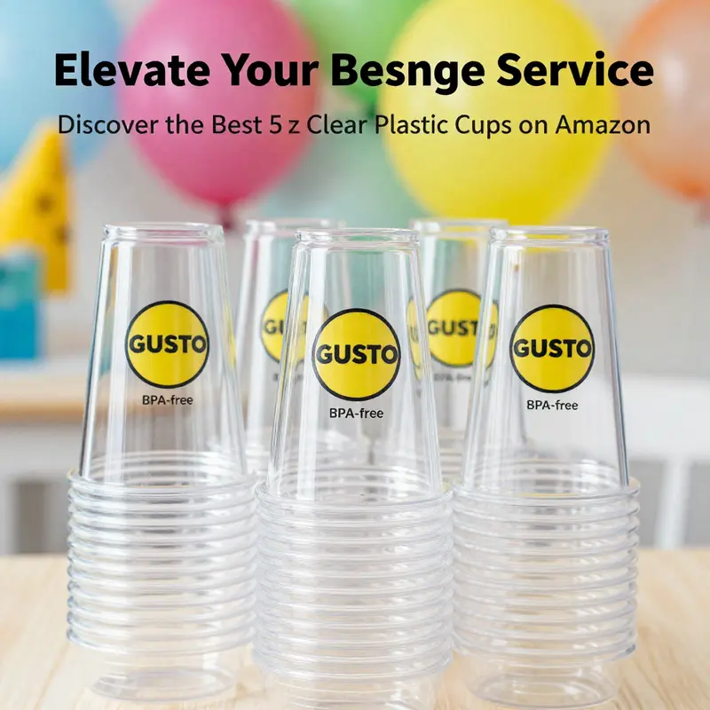 GUSTO clear plastic cups displayed in a vibrant environment, highlighting their suitability for parties and events.