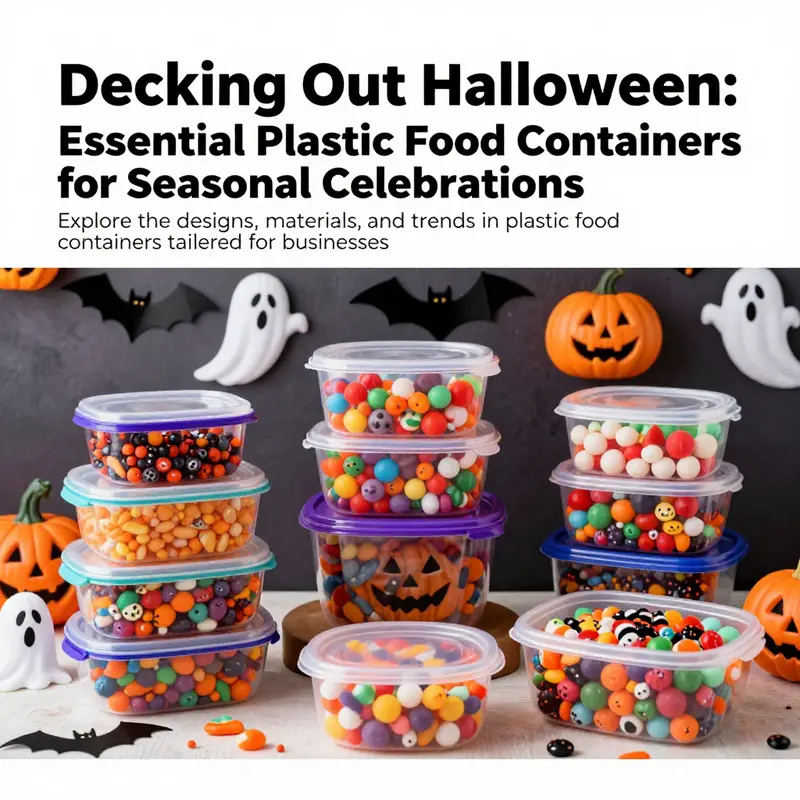 An array of Halloween-themed plastic food containers filled with candies, surrounded by festive decorations.
