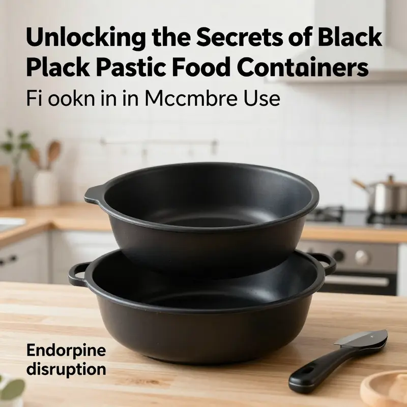 Assortment of black plastic food containers representing the safety issues in microwave use.