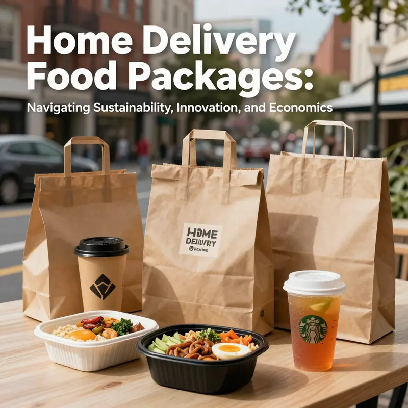 Diverse home delivery food packages in sustainable packaging set against an urban landscape.