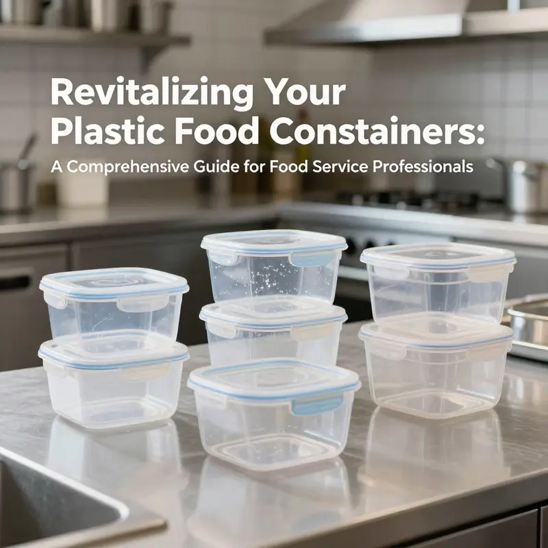 Cloudy versus clean plastic food containers in a professional kitchen.