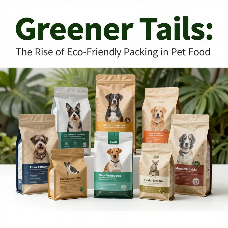 A beautiful collection of sustainable pet food packaging materials made from biodegradable and recycled options.