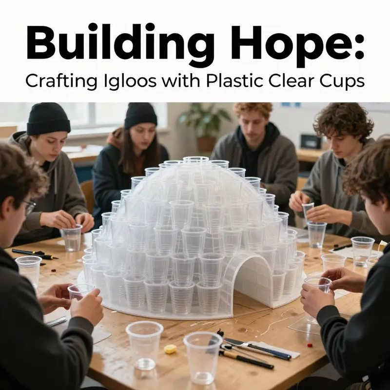 Participants engaged in building an igloo from plastic cups, demonstrating innovative assembly techniques.