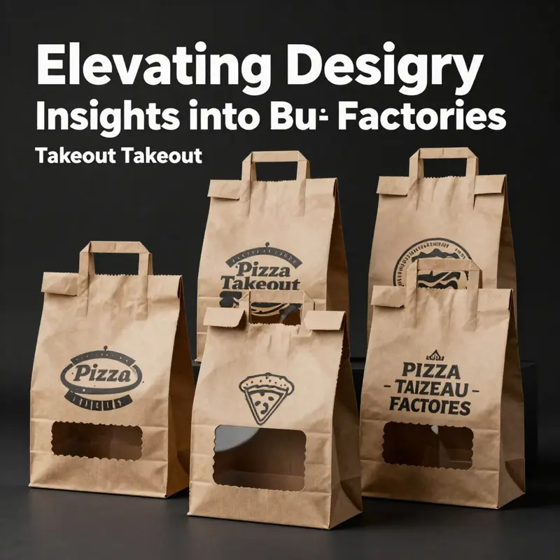 An overview of diverse pizza takeout bag options produced in a bustling factory environment.