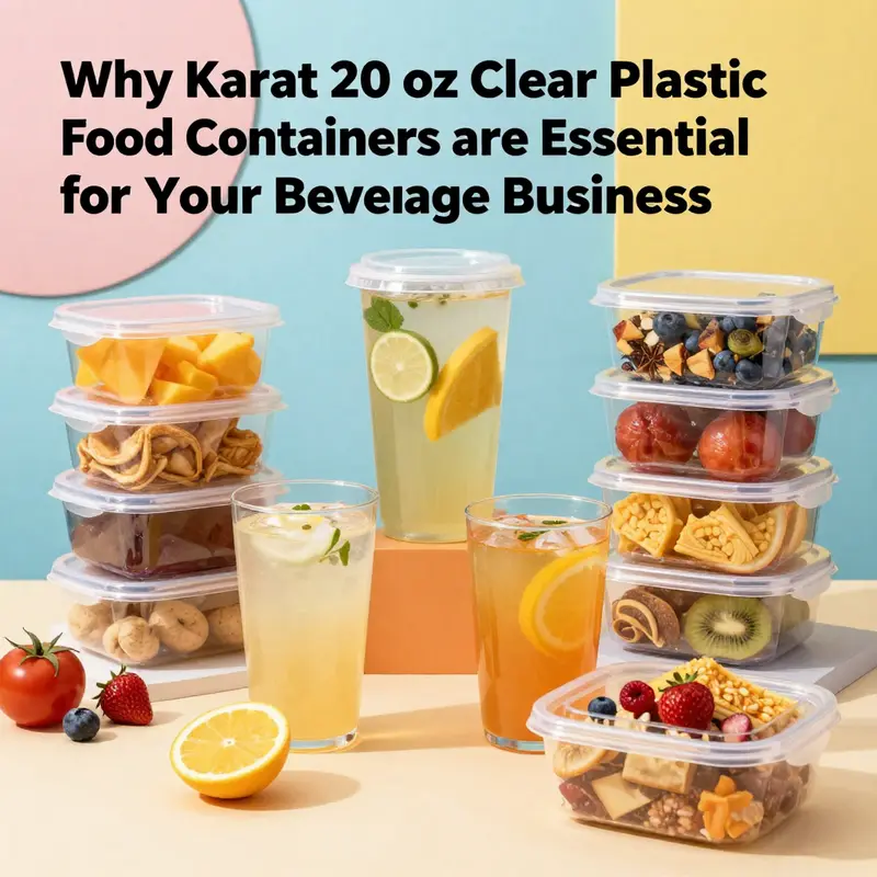 A selection of Karat 20 oz clear plastic food containers filled with diverse beverages and dishes, highlighting their versatility in food presentation.