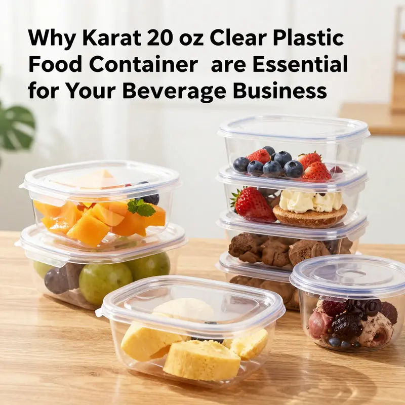 Close-up view of Karat 20 oz clear plastic food containers highlighting their clarity and versatility.