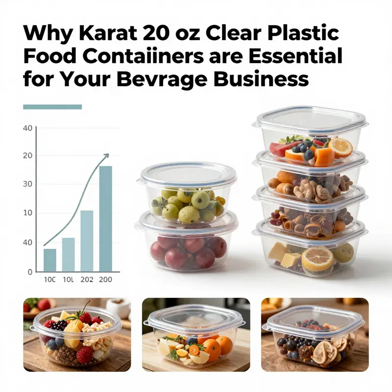 Close-up view of Karat 20 oz clear plastic food containers highlighting their clarity and versatility.