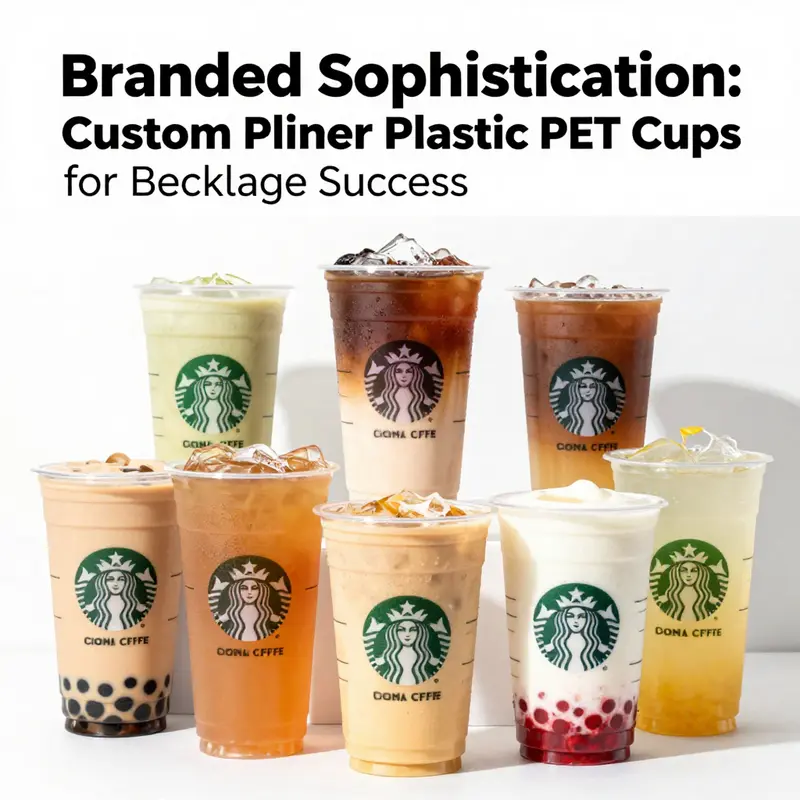 Variety of custom printed PET cups filled with colorful beverages, exemplifying branding.
