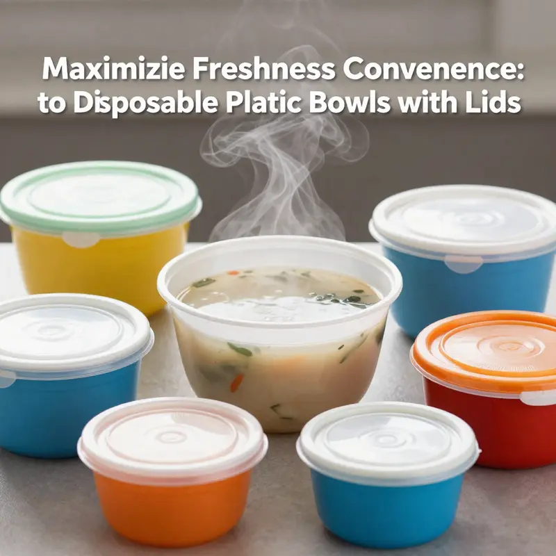 Assorted disposable plastic bowls with lids, designed for multiple food types.