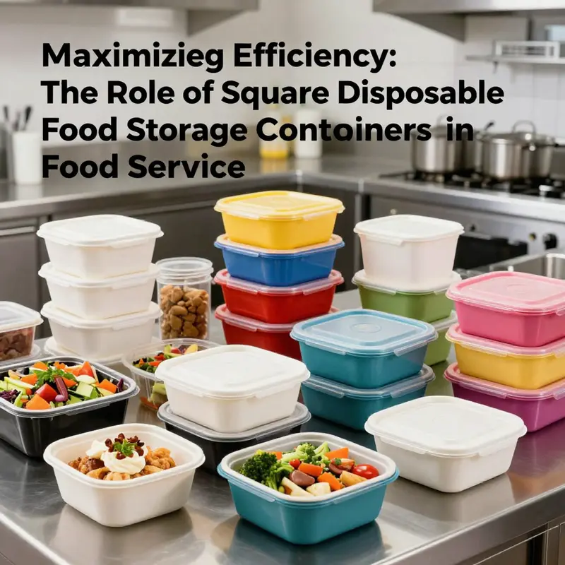 An array of square disposable food storage containers in different sizes and materials, ready for use in various food service applications.