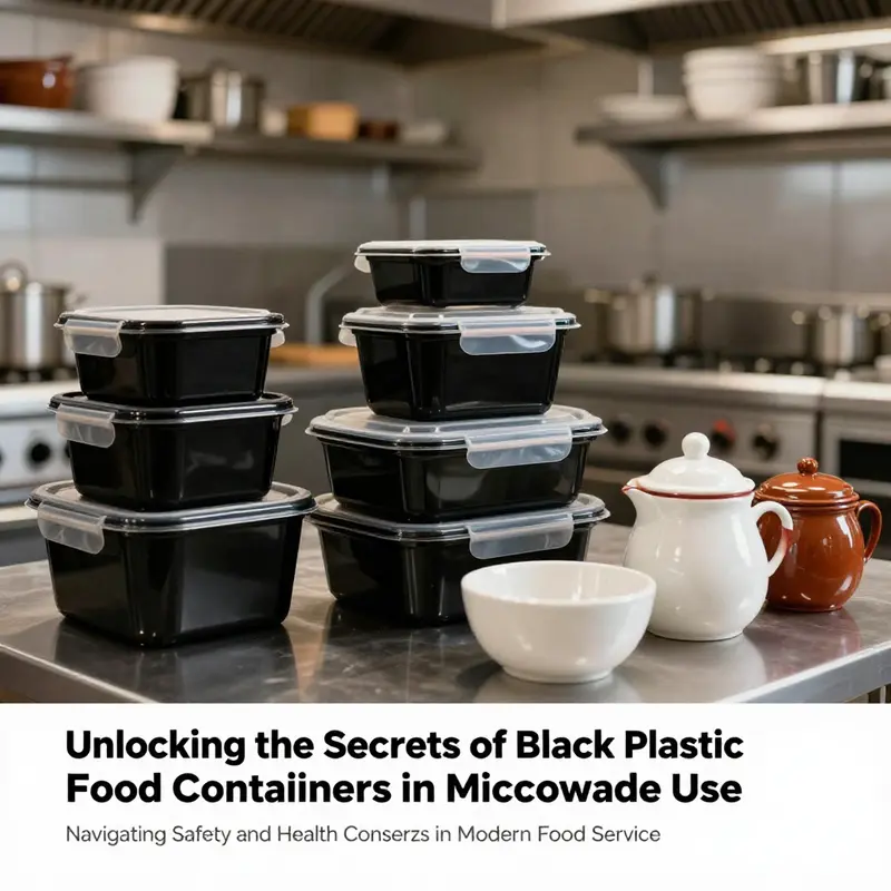 A modern professional kitchen displaying black plastic food containers alongside glass and ceramic options, highlighting safety considerations.