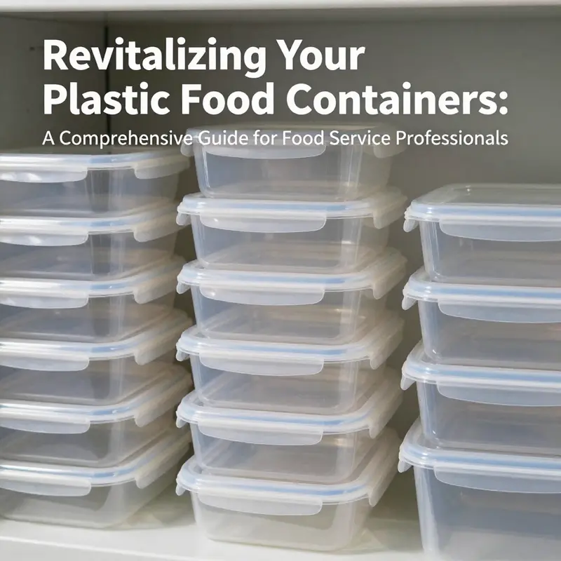 Cloudy versus clean plastic food containers in a professional kitchen.