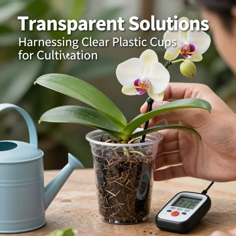 Clear plastic cups enhance visibility of root health while cultivating orchids.