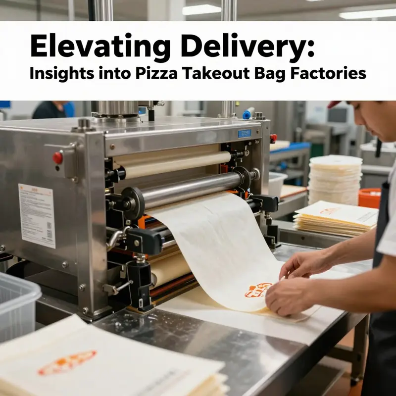 An overview of diverse pizza takeout bag options produced in a bustling factory environment.
