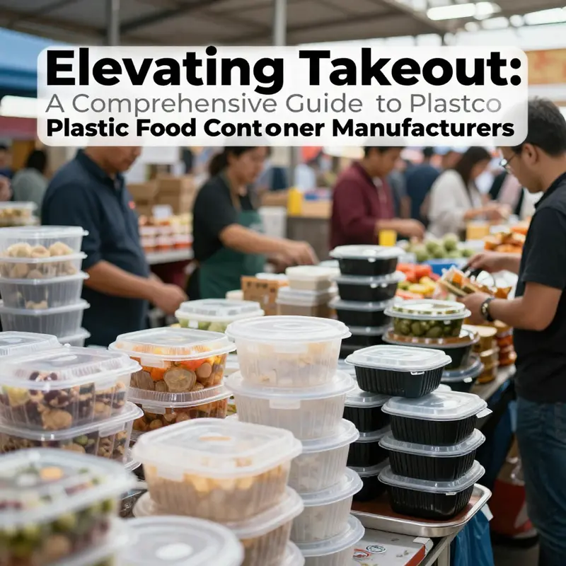A vibrant market showcasing a variety of takeaway plastic food containers to highlight manufacturer competition.