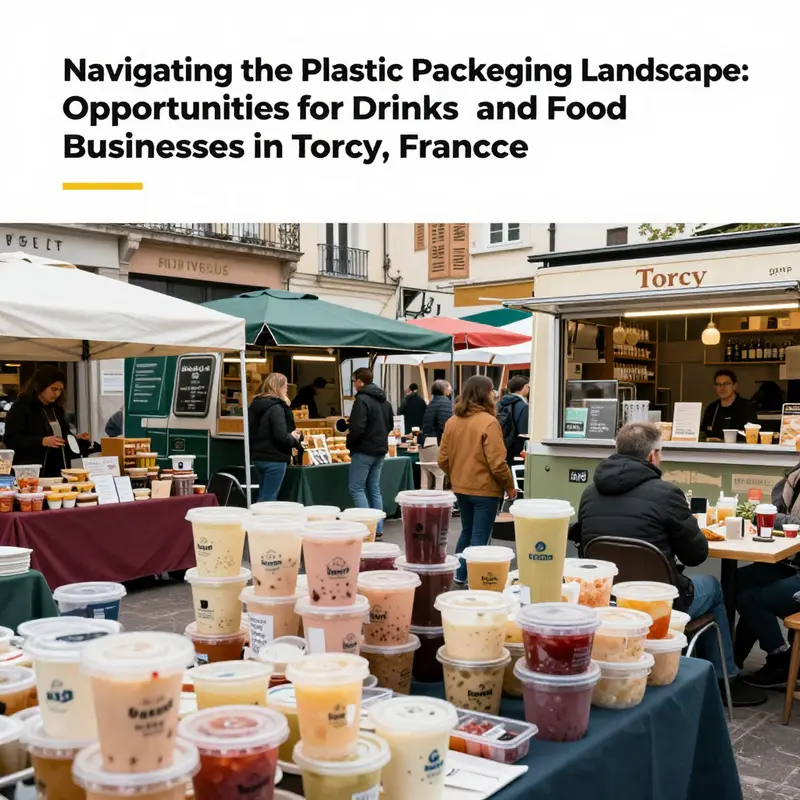 A vibrant scene of food and beverage businesses utilizing plastic packaging containers in Torcy.