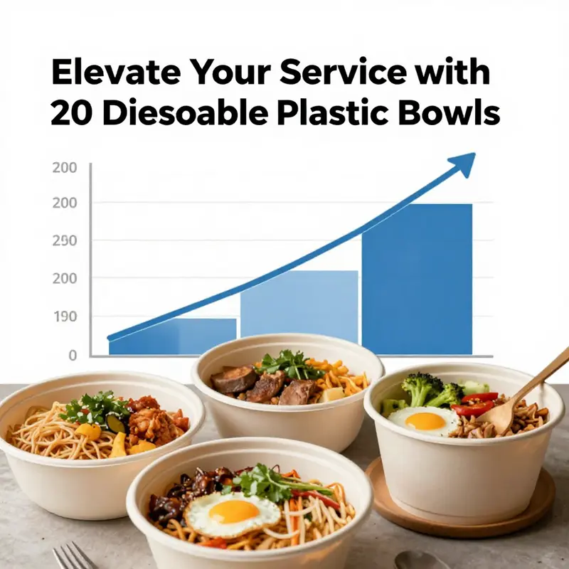 A vibrant buffet display featuring 20 oz disposable plastic bowls filled with various food items.