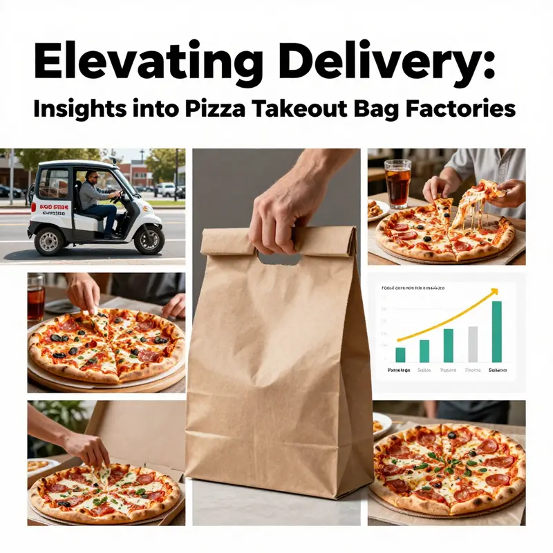 An overview of diverse pizza takeout bag options produced in a bustling factory environment.