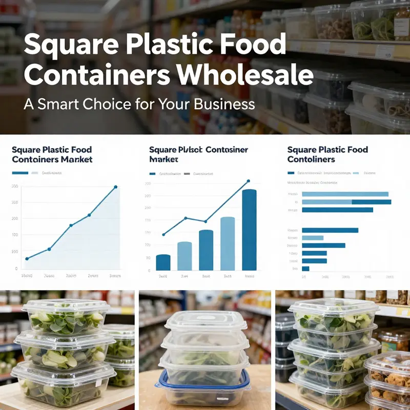 Various square plastic food containers demonstrating their versatility and key features for wholesale customers.