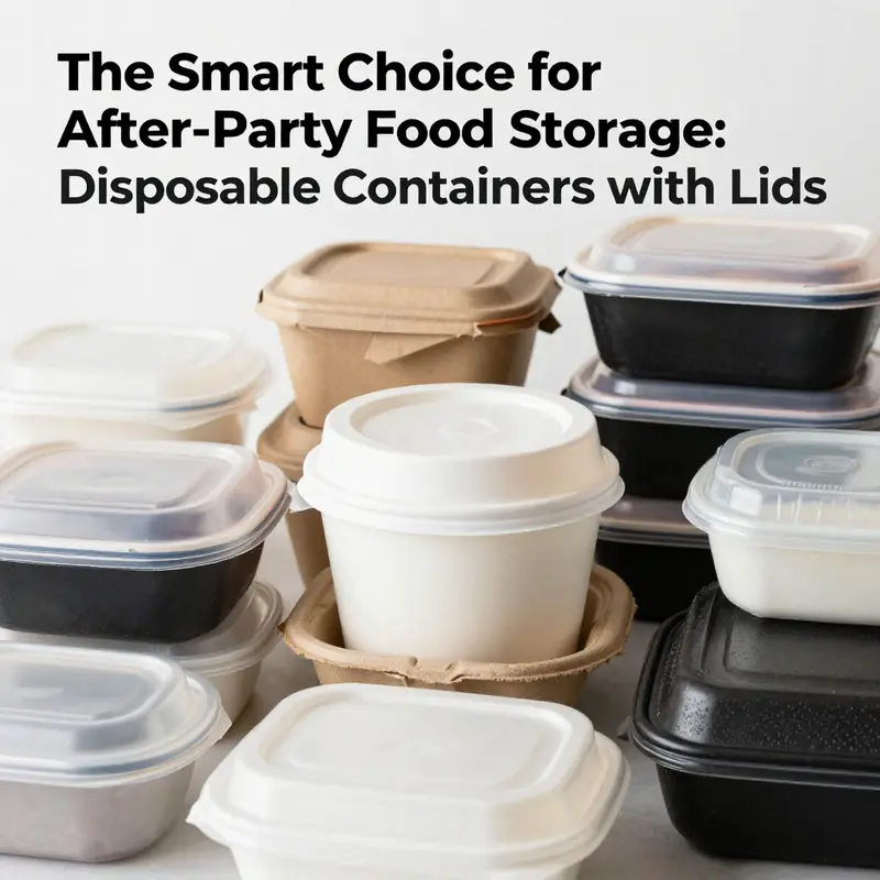 A variety of disposable food containers with lids catering to different types of after-party food.