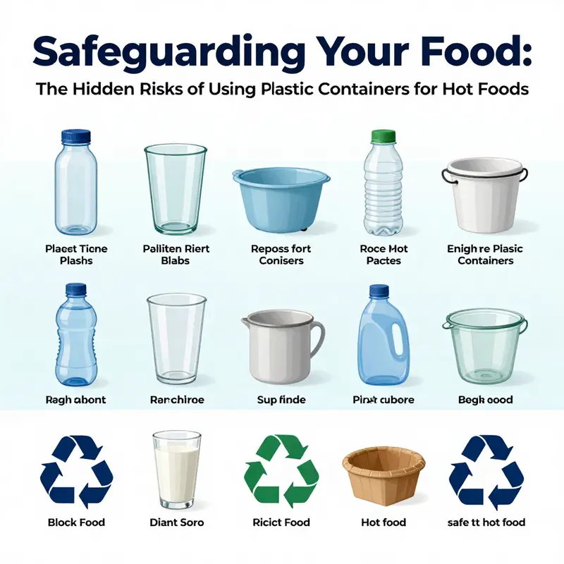 Illustration highlighting the risks of chemical leaching when hot food is stored in plastic containers.