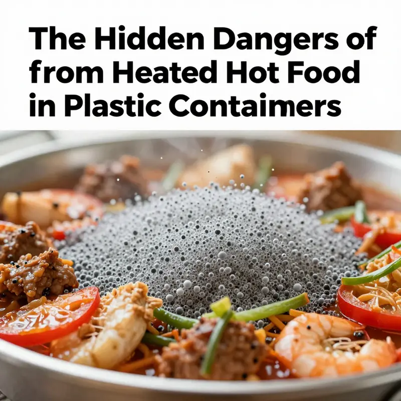 Hot food stored in plastic containers, illustrating the risk of chemical migration.