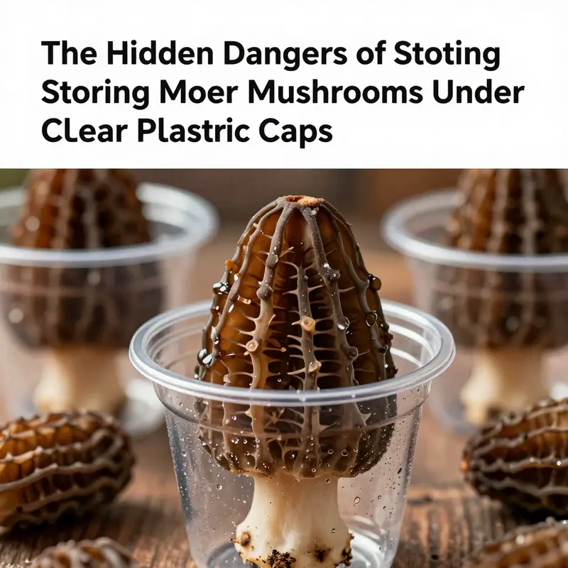 Morel mushrooms covered with plastic cups showing moisture buildup and decay.