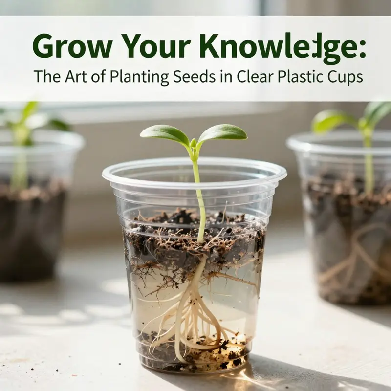 Display of materials needed for planting seeds in clear plastic cups.