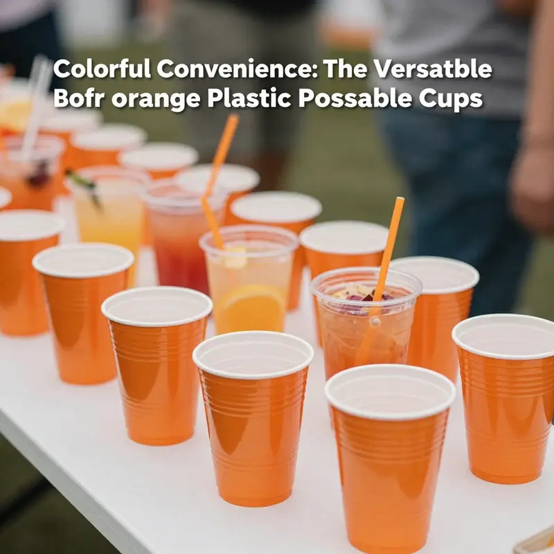 A table filled with orange plastic disposable cups featuring a variety of beverages in a festive setting.