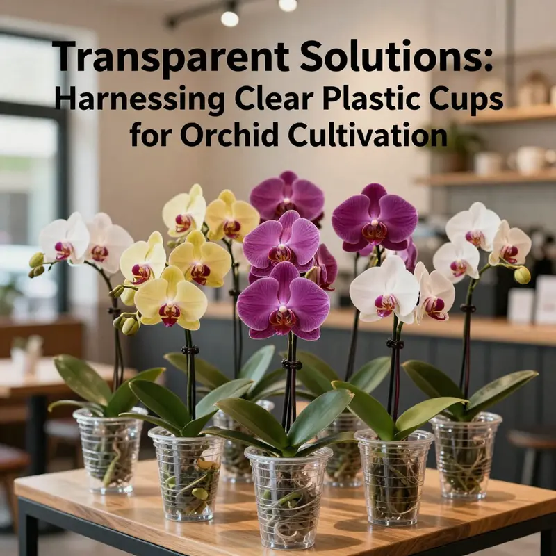Vibrant orchids in clear plastic cups displayed in a stylish cafe setting.