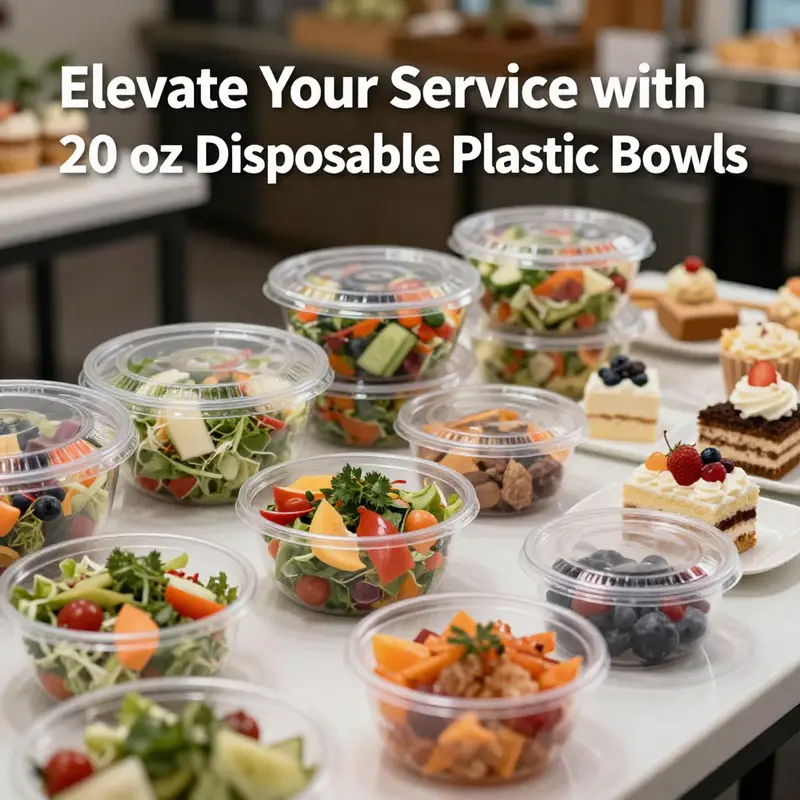 A vibrant buffet display featuring 20 oz disposable plastic bowls filled with various food items.