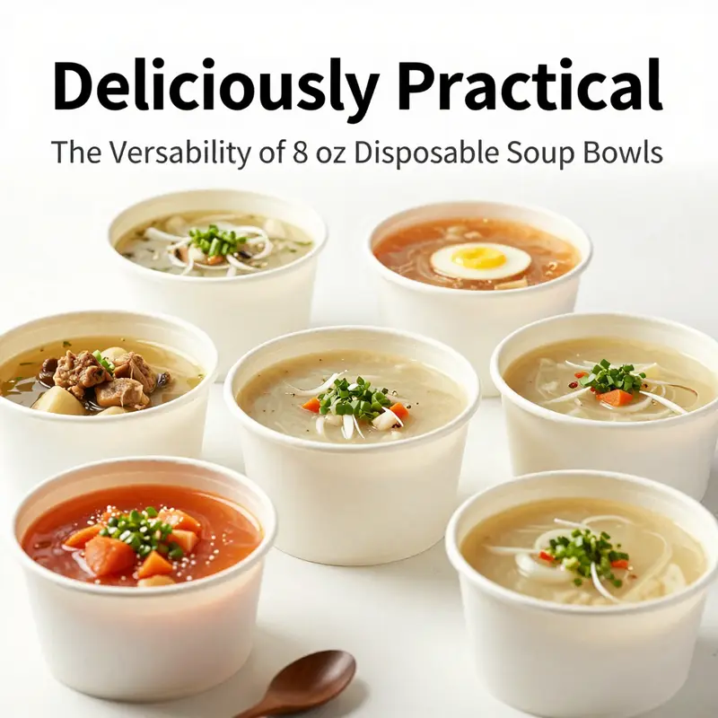 An array of 8 oz disposable soup bowls, highlighting their ideal construction for hot and liquid foods.