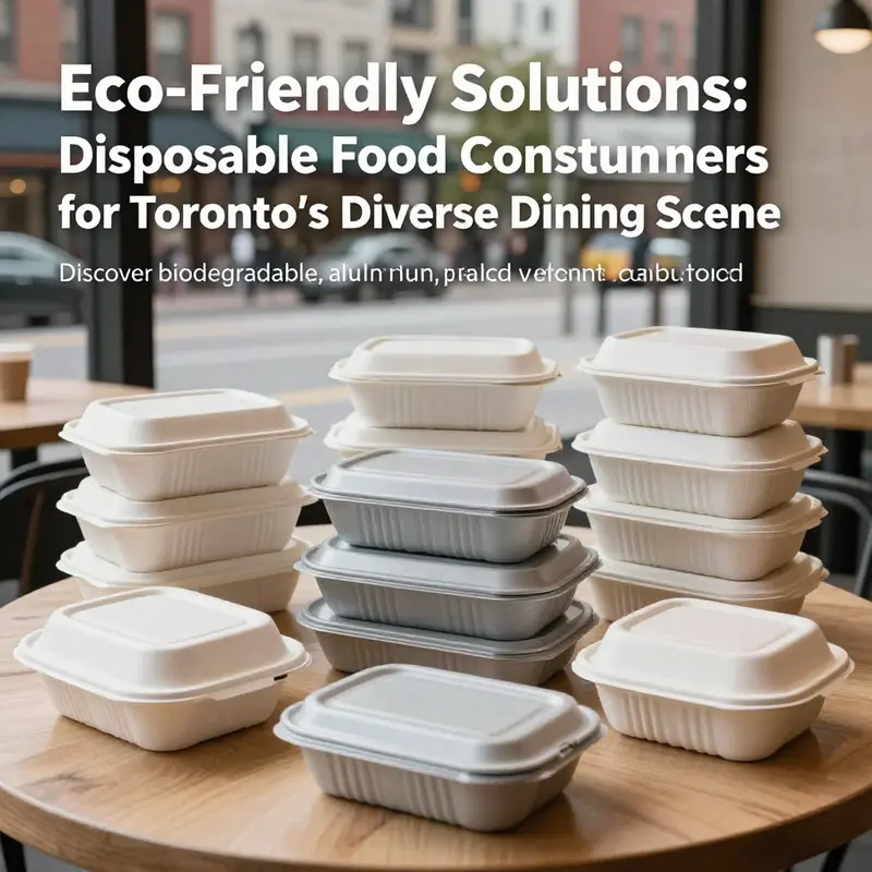 A colorful selection of disposable food containers displayed on a cafe table with a bustling Toronto street in the background.
