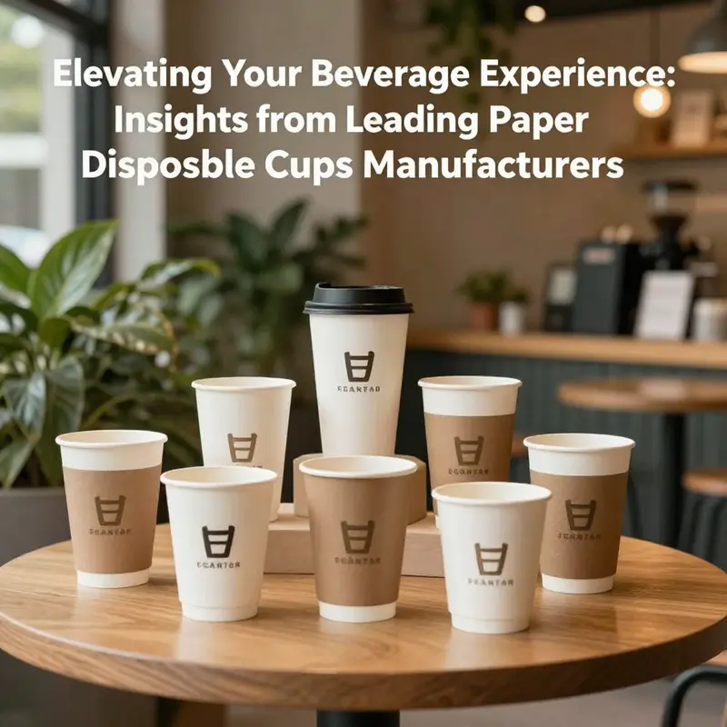 A cozy cafe featuring various paper disposable cups on a table, surrounded by greenery and ambient lighting.