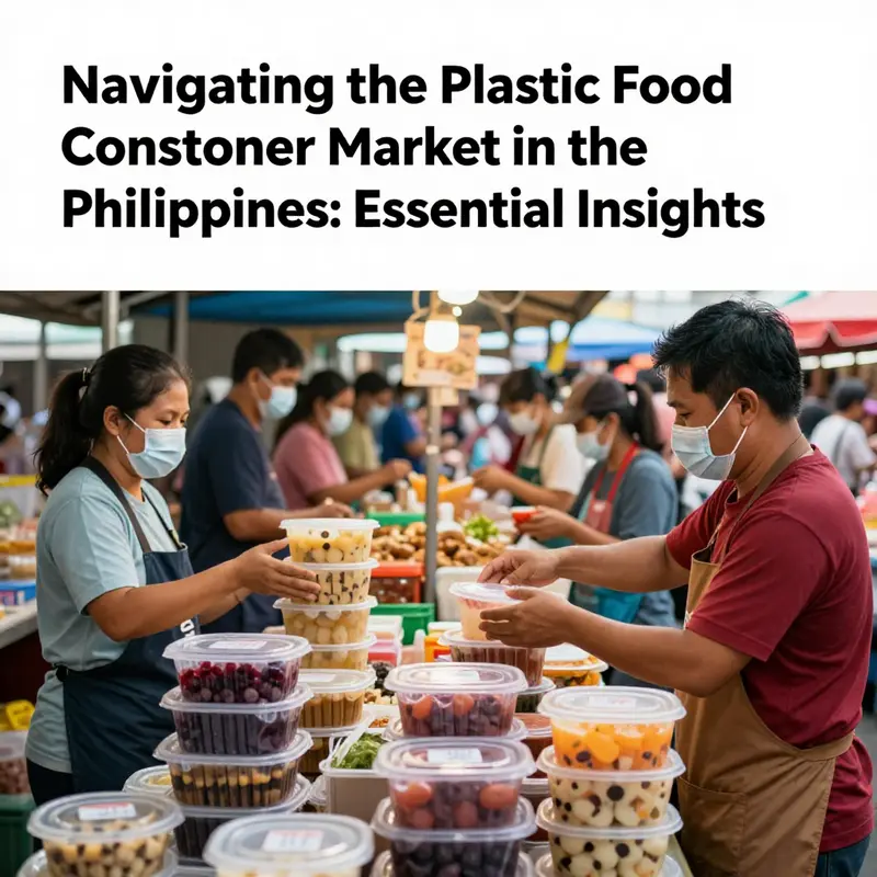 A vibrant food market in the Philippines with vendors displaying an array of food items in plastic containers.