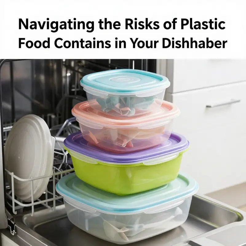 Illustration of plastic food containers revealing the risks associated with dishwasher use.