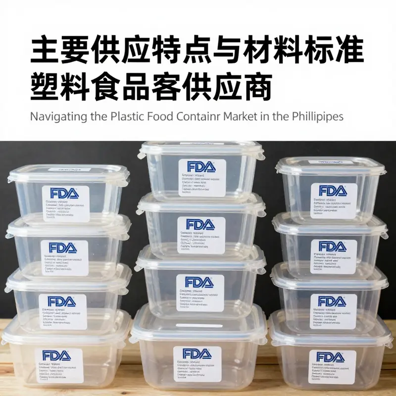 A display of various plastic food containers highlighting safety certifications and eco-friendly materials.