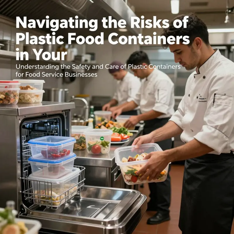 Busy kitchen environment with chefs handling plastic food containers, emphasizing the importance of safe practices.