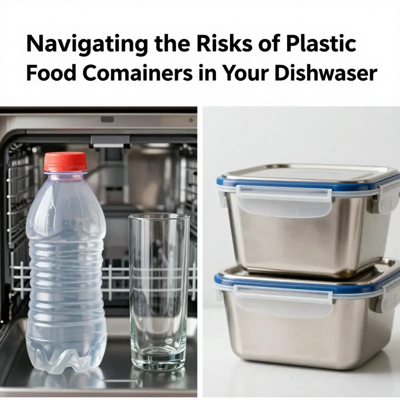 Illustration of plastic food containers revealing the risks associated with dishwasher use.