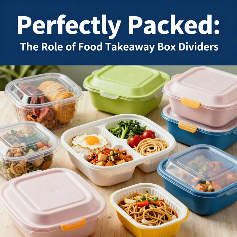 Food takeaway boxes featuring durable plastic and molded fiber dividers effectively organize different food items.