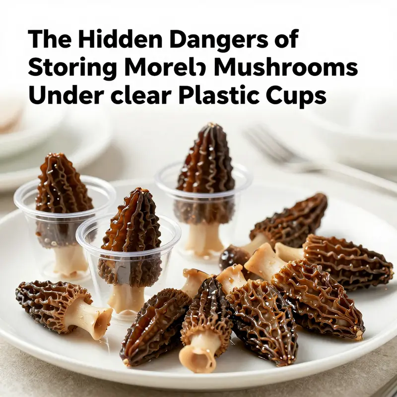 Morel mushrooms covered with plastic cups showing moisture buildup and decay.