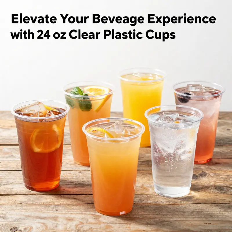 Variety of vibrant beverages served in clear plastic 24 oz cups highlighting their perfect design and function.