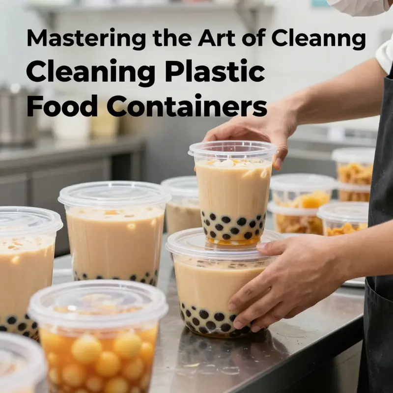 A clean food service setup displaying plastic containers being used for bubble tea and snacks.