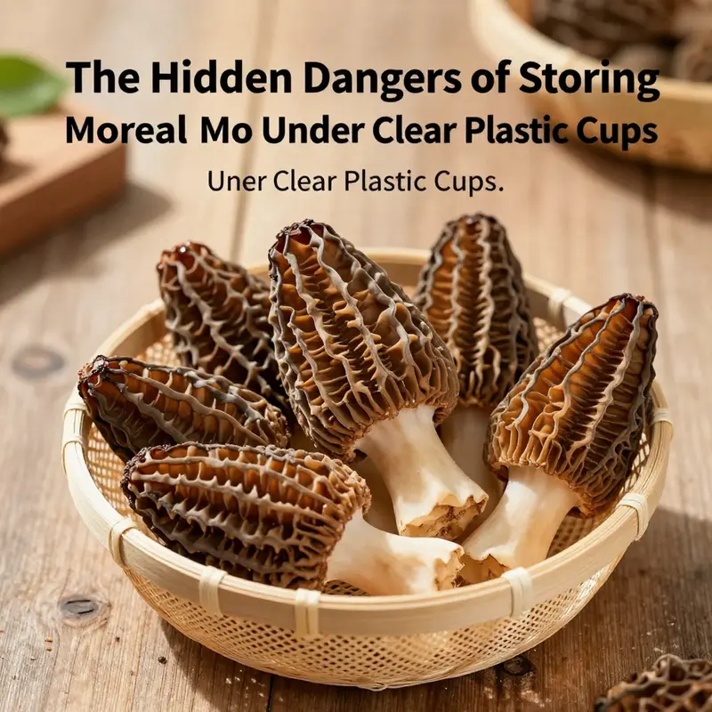 Morel mushrooms covered with plastic cups showing moisture buildup and decay.