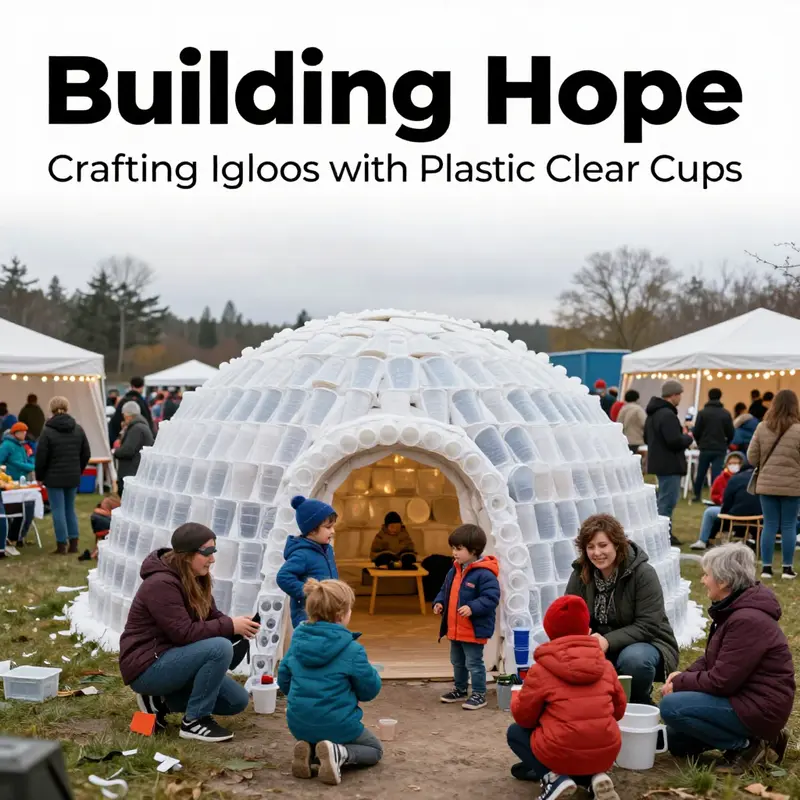 Participants engaged in building an igloo from plastic cups, demonstrating innovative assembly techniques.