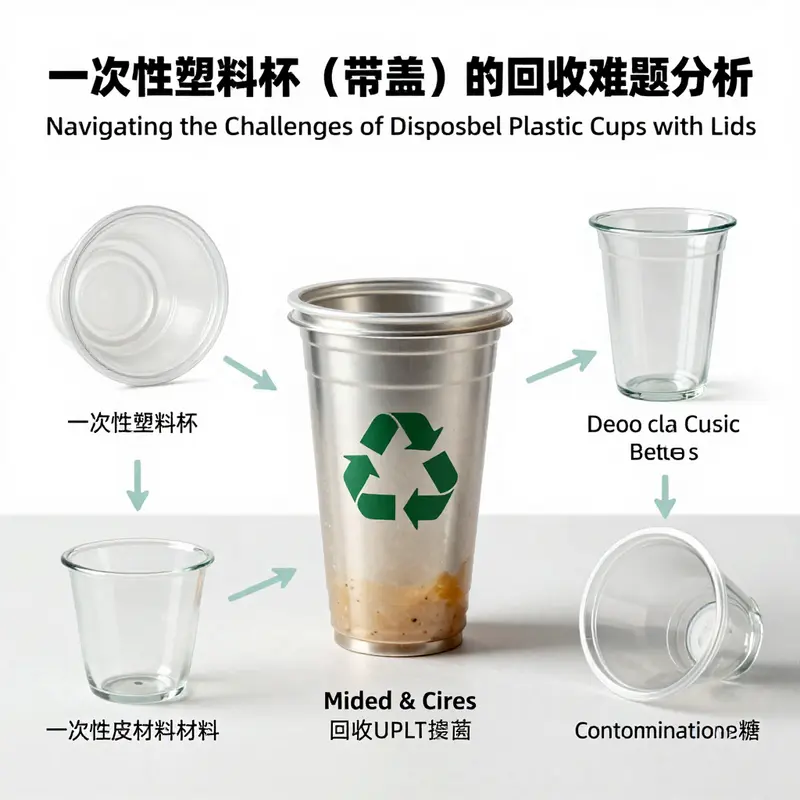 Infographic depicting the recycling challenges of disposable plastic cups with lids.