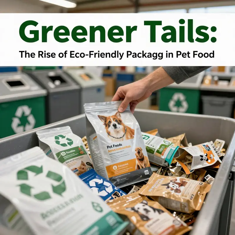 A beautiful collection of sustainable pet food packaging materials made from biodegradable and recycled options.